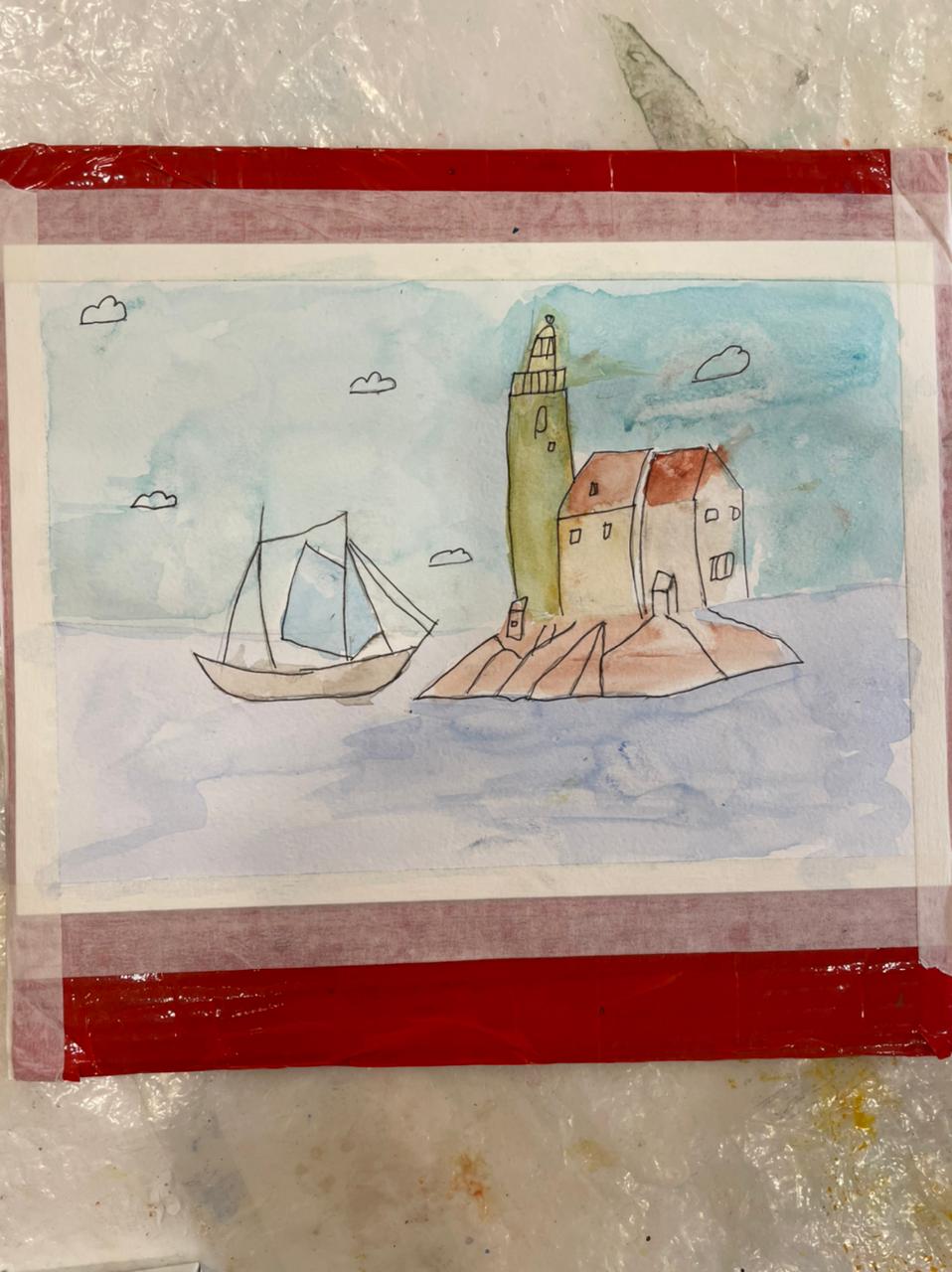 Ребята рисовали море, маяк и корабли. Каждый вдохновлялся работами маринистов, личными воспоминаниями и предложенными акварельными рисунками.